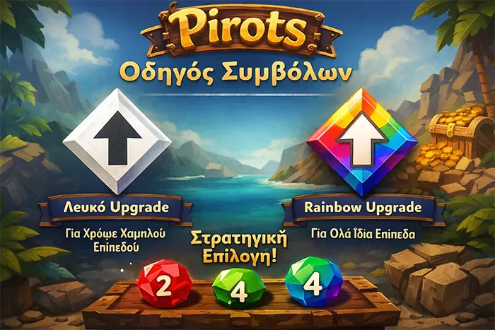 Οδηγός symbols του Pirots με gems, wild, transform, upgrades, bomb και bonus