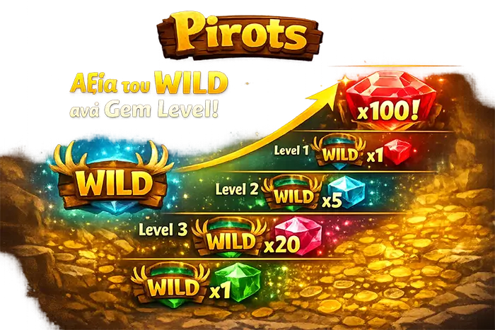 Η αξία του Wild στο Pirots ανά επίπεδο gem level από 1 έως 7