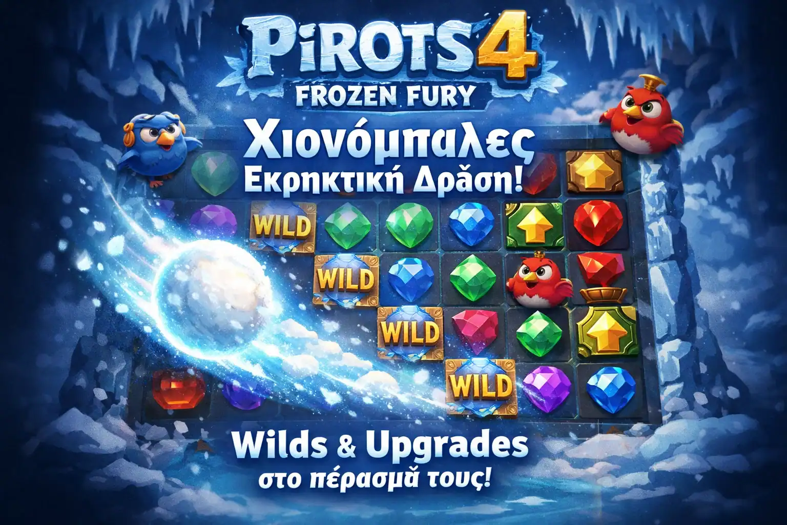 Το feature Snowballs στο Frozen Fury με τυχαία τροχιά και ίχνη από Wilds ή Upgrades στο πλέγμα