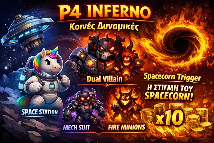 Τα κοινά P4 features στο Inferno με Space Station, Black Hole και Spacecorn σε σύνδεση με Fire Minions και Charlie