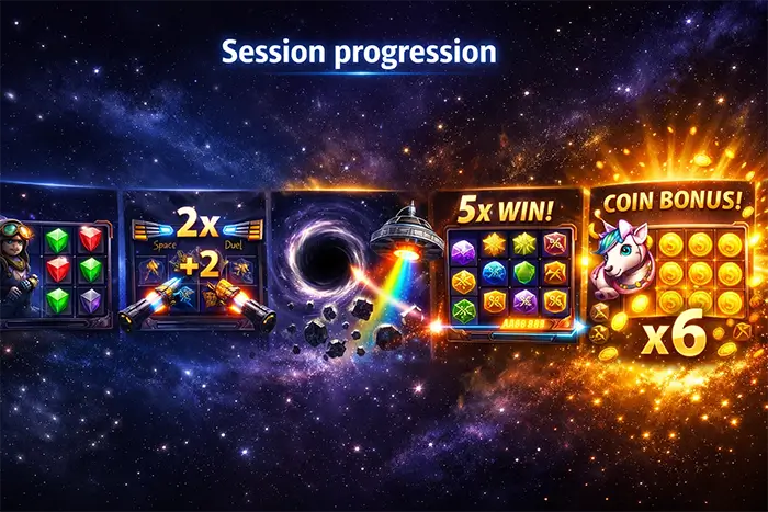 Παράδειγμα session στο Lost in Space από τα πρώτα gem levels έως Spacecorn trigger και Coin Game με multiplier x6
