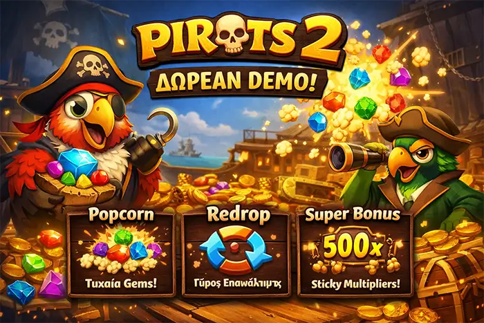 Pirots 2 demo δωρεάν με CollectR 6x6, Popcorn, Redrop και Super Bonus 500x με sticky multipliers
