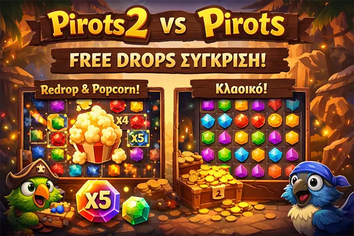 Σύγκριση του Free Drops στο Pirots 2 με το Pirots 1 με έμφαση σε Redrop, Popcorn και bonus αλυσίδες