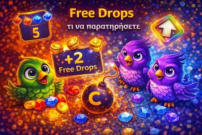 Τα βασικά σημεία παρατήρησης στο Free Drops του Pirots demo με gem transfer, retrigger και bomb εντός bonus