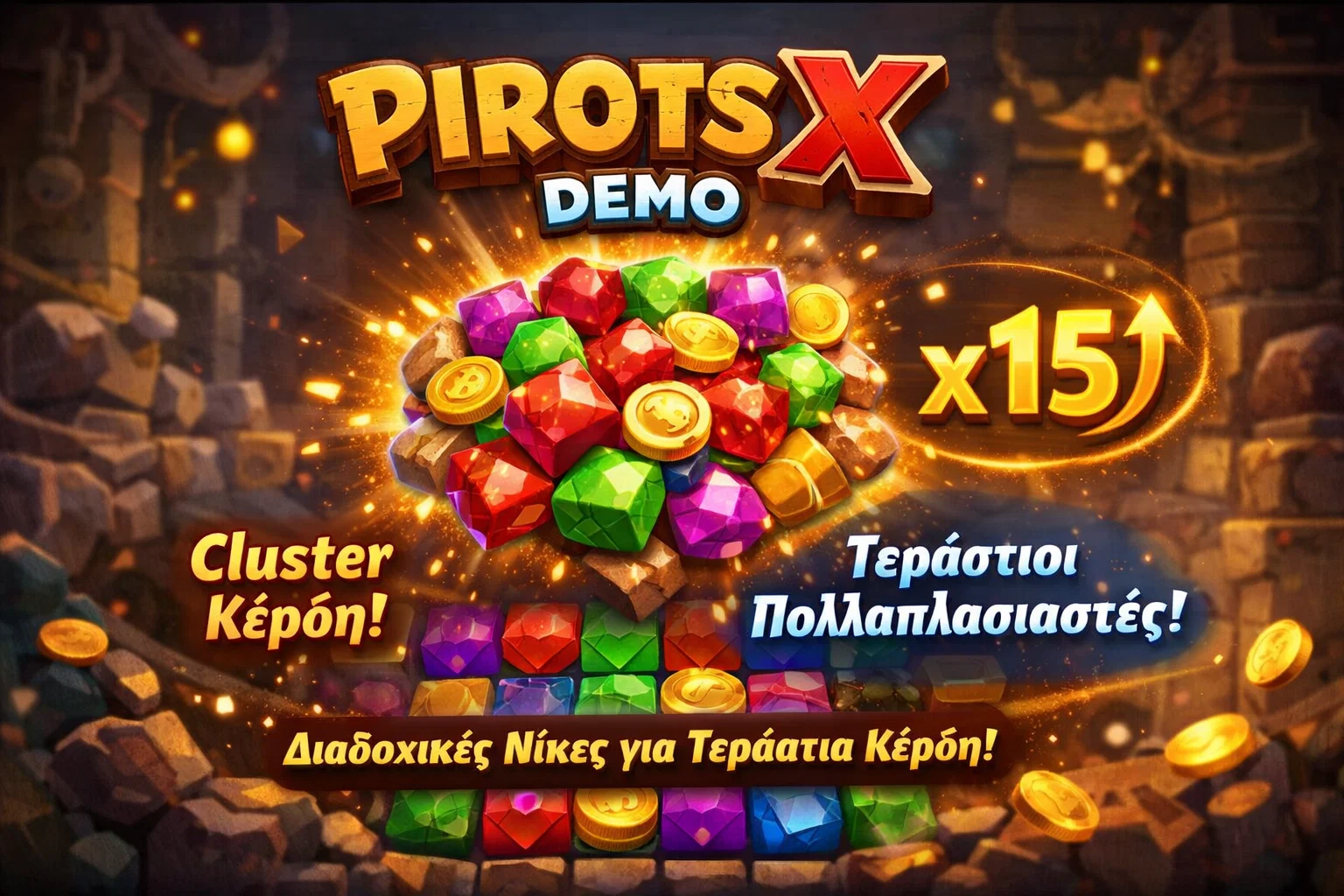Σύγκριση του Cluster Pays στο Pirots X demo με το CollectR και έμφαση σε clusters, cascades και global multiplier