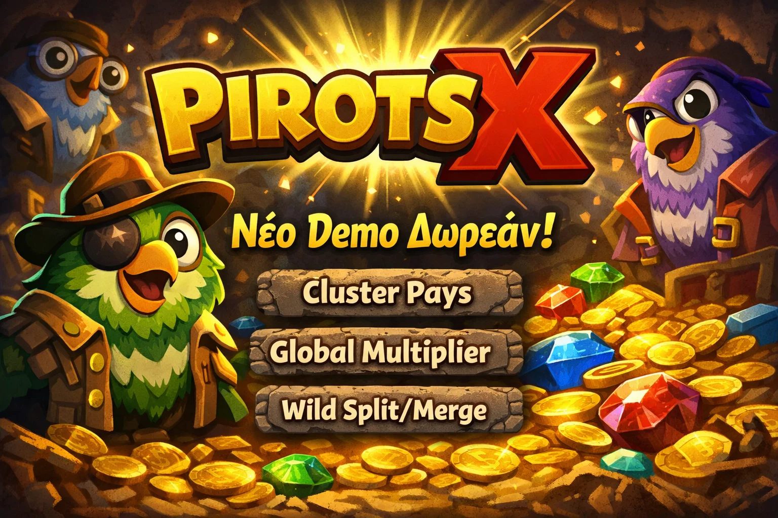 Pirots X demo δωρεάν με Cluster Pays, global multiplier, Wild Split, Wild Merge και πρόσβαση μέσω virtual credits